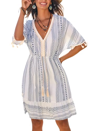 Image of CUPSHE Women Tassel Trim Summer Dress V Neck Lace Short Sleeve Paisley Boho Casual Sundress Holiday Beach Mini Dress