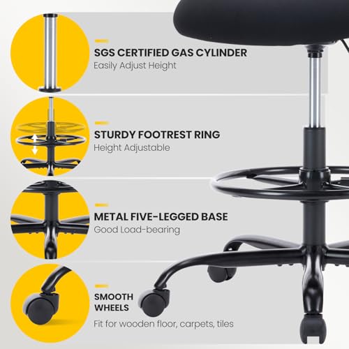 Image of Sweetcrispy Tall Drafting Desk Chair - Ergonomic High Stool Computer with Adjustable Height and Comfy Lumbar Support, Office Rolling Counter with Flip-up Arm and Footrest, Black