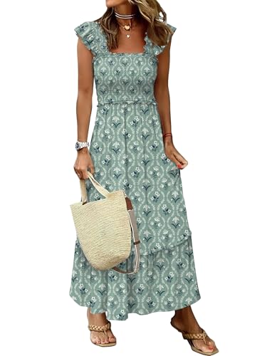 ANRABESS Womens Summer Sleeveless Maxi Dress Square Neck Smocked Boho Casual Ruffle Strap Flowy A-Line Long Beach Sundress Light Green White Floral Small