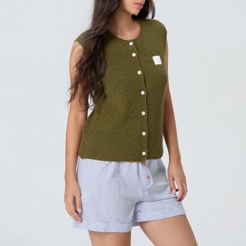 Image of Women Chunky Button Sweater Vest Sleeveless Round Neck Rib Knitted Tank Top Y2k Knitted Cardigan Vest Shirt