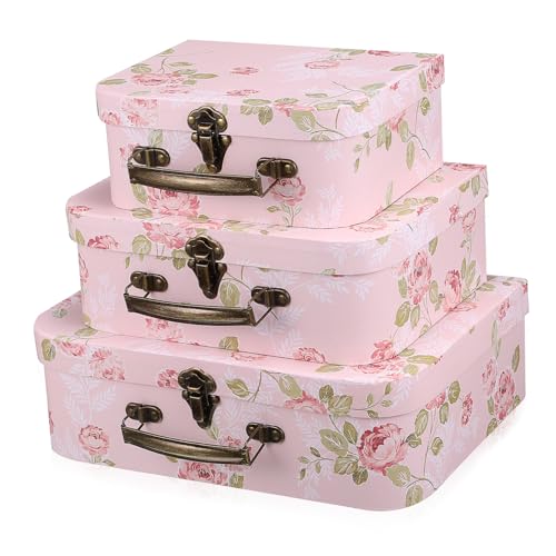 TOBBOMEY 3 piezas Maletas de Cartón Decorativas con Diseño Floral Vintage y Asas Metálicas Cajas Apilables para Almacenamiento y Regalo para Bodas y Cumpleaños