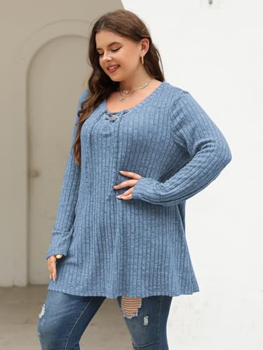 Image of Nemidor Women Plus Size Casual Tunic Top Drawstring V Neck Long Sleeve | 1X-5X plus, ribbed knit, long sweater, solid, semi-fitted flattering cut for curvy women, Fall, Winter, work, daily, dinner