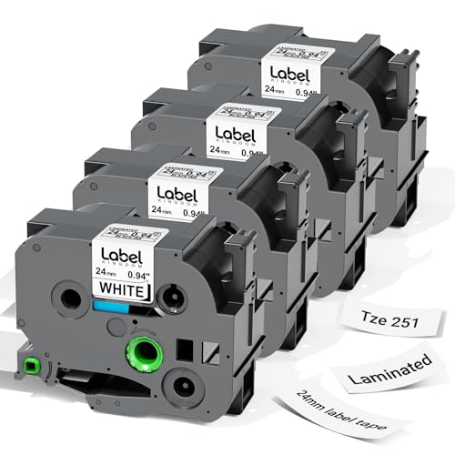 Label KINGDOM TZe-251 24mm (0.94) tz Laminated White Label Maker Tape Refills Compatible with Brother P-Touch PT D610BT D600 P710BT P750W 950W 4-Pack 1 in Tze251
