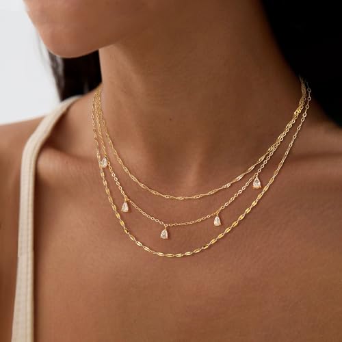 Layered Necklaces for Women, Dainty Gold Necklace Stack 14k Gold Plated Layering Cubic Zirconia Choker Necklaces for Women Trendy Simple Layered Gold Necklace Set Fashion Jewelry2