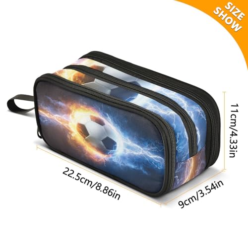 Image of Big Capacity Soccer Ball Burning Student Pencil Case 3 Compartments Football Ball Pencil Bag Girls Boys Makeup bag Pen Pouch Large Stationery Zippers Organizer School College Office Teens Adults