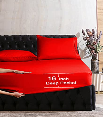 Image of Mocassi King Sheet Set - Luxury Hotel 1800 Premier Bedding Sheets & Pillowcases - Ultra Soft Breathable & Cooling Bed Sheets - Deep Pocket - Wrinkle Resistant - 6 Piece Set - King, Red
