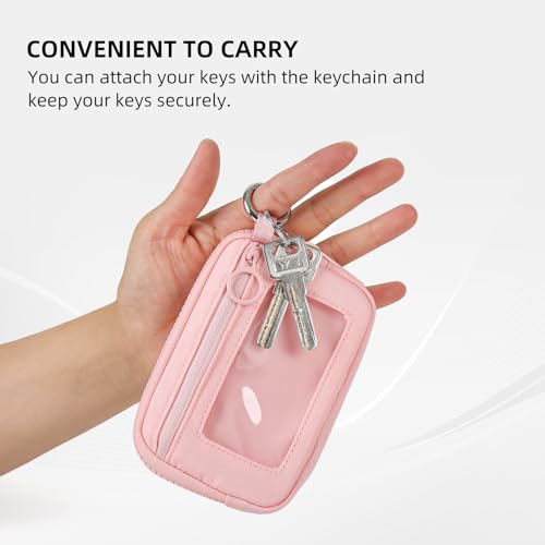 Image of The Iris Wallet Zipper Mini Coin Purse Keychain ID Holder Wallet | Zip Card Case with ID Window Purses for Women Mini Portable Keychain Wallet,Pink