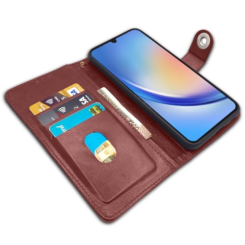 Image of Pikkme Samsung Galaxy A05s Flip Cover Leather Finish | Inside TPU with Card Pockets | Wallet Stand and Shock Proof | Complete Protection Button Flip Case (Brown)