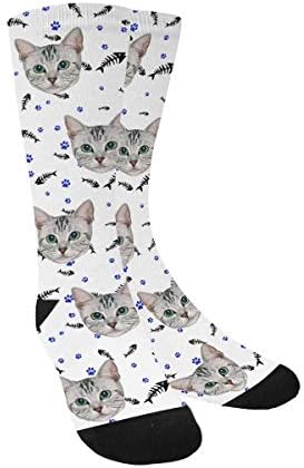 Custom Personalized Photo Pet Face Socks, Fish Bones, Cat and Dog Tracks Paws Crew Socks with Picture for Men Women