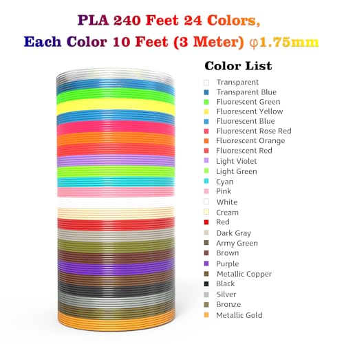 Image of 3D Printing Pen Refills PLA Filament 1.75mm 24 Vibrant Colors 240 Feet, Each Color 3 Meters (10 Feet) - 250 Stencils eBooks - Fit for SCRIB3D P1 and MYNT3D Pens