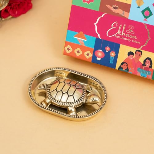 Image of Ekhasa 100% Pure Brass Tortoise and Plate with Gift Box | Feng Shui Turtle Vastu Item for Home Office Desk Decor | Good Luck Wealth Religious Housewarming Griha Pravesh Gift