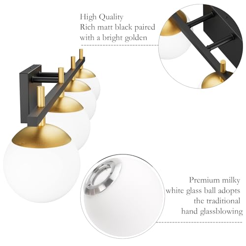 Image of Ralbay Mid Century Modern Vanity Light Fixture 4-Light Milky Glass Modern Bathroom Vanity Lights Over Mirror, Black /Golden Modern Vanity Light for Bathroom Black and Gold 4 Light(Exclude Bulb)