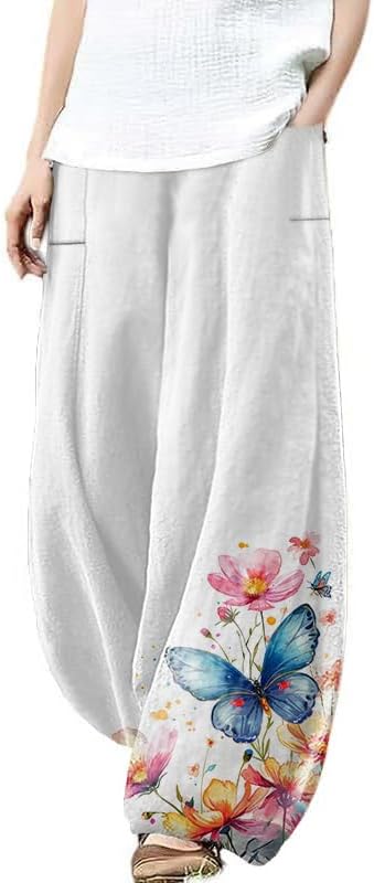Harem Pants Women Floral Printed Wide Leg Casual Cotton Linen High Waist Summer Bea...
