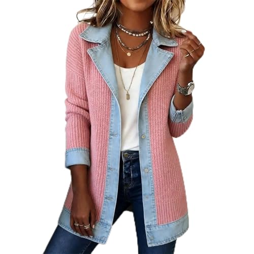 Generisch Jeans Jacken Für Damen Vintage Patchwork Knit Blazer Jeansjacke Große Größen Lang Jeans Coat Oberteile Trucker Jacke Klassisch Freizeitjakce Oberbekleidung Overshirt Jacke
