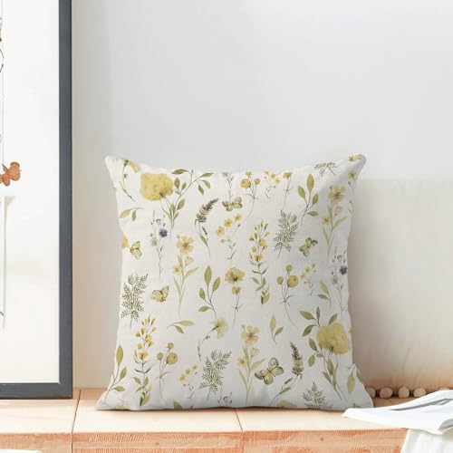Image of Spring Pillow Covers 20x20 Inch Set of 2, Mustard Yellow Green Wild Flower Throw Pillows Case,Colorful Seasonal Floral Plant Outdoor Decorative Farmhouse Decor Cushion Covers for Sofa Bed Couch