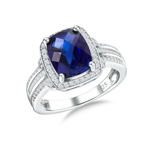 Womens Engagement Ring 925 Sterling Silver Oval Elongated Cushion Cut Sapphire/Ruby/Emerald/Opal Gemstone Anniversary Statement Cocktail Halo Ring Size 6 to 10 (with Gift Box)