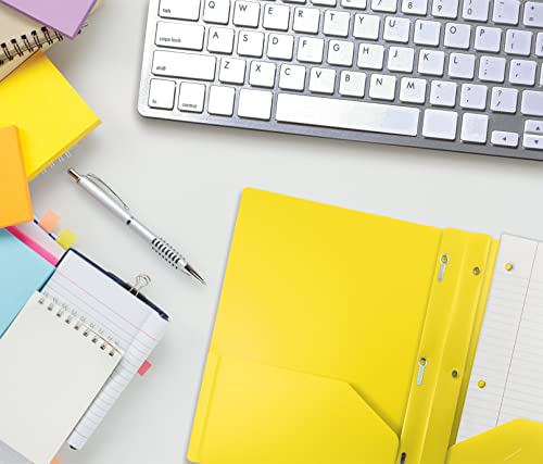 Image of Better Office Products Yellow Plastic 2 Pocket Folders with Prongs, Heavyweight, Letter Size Poly Folders, 24 Pack, with 3 Metal Prongs Fastener Clips, Yellow