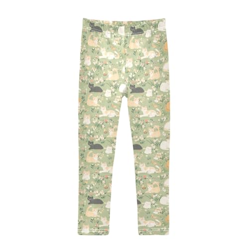 Cat Flowers Pattern Girls Leggings Kids Yoga Pants Athletic Tights Pants 4-10 Years
