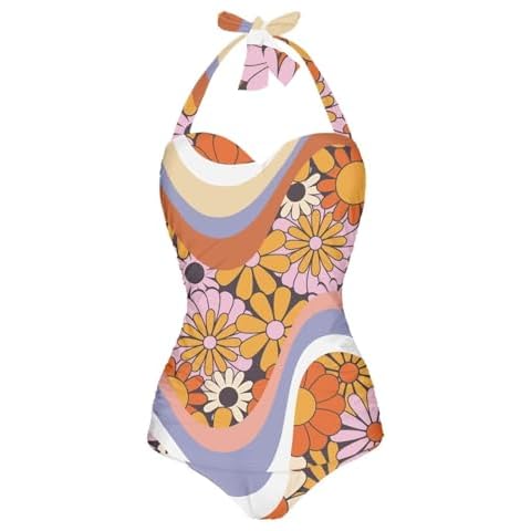 POLERO Swirl Wave Hippie Flower Swimsuits for Women 70S Retro Floral Beachwear Halter 1 Piece Bathing Suits for Summer Holiday Size M Cover