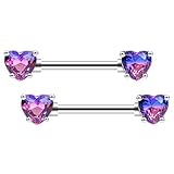 Excepro 2PCS 14G Nipple Rings 316L Surgical Stainless Purple Heart CZ Nipple Piercing for Women Nipple Barbells Nipple Piercings Body Jewelry