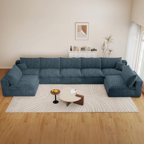 Image of 165 inch Cloud Couch Modular Sectional Sofa for Living Room, U-Shape Boneless Couch with Deep Seat, Modern Corduroy 7-Seater, No Assembly Required,Blue