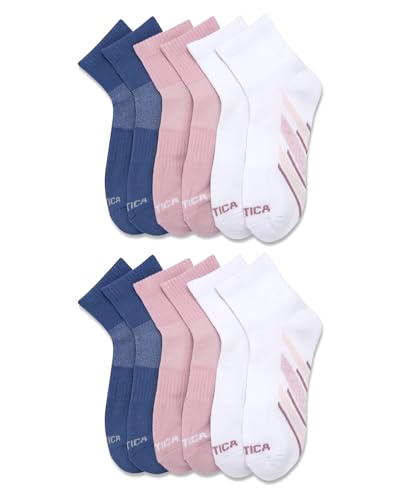 Image of Nautica Womens Quarter Socks Moisture Wicking Cushioned Socks, 12 Pack | Stretch Performance Dri-Motion Fabric, Cushioned with Arch Support, Breathable Mesh Panels, Quarter Cut, Shoe Size 4-10