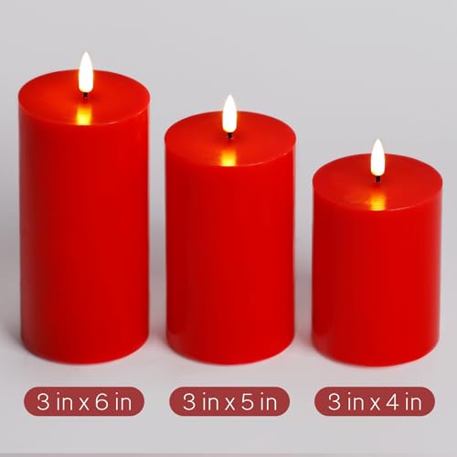 Eywamage Red Flameless LED Pillar Candles with Remote, Flickering Wax Battery Operated Christmas Candles Set of 3