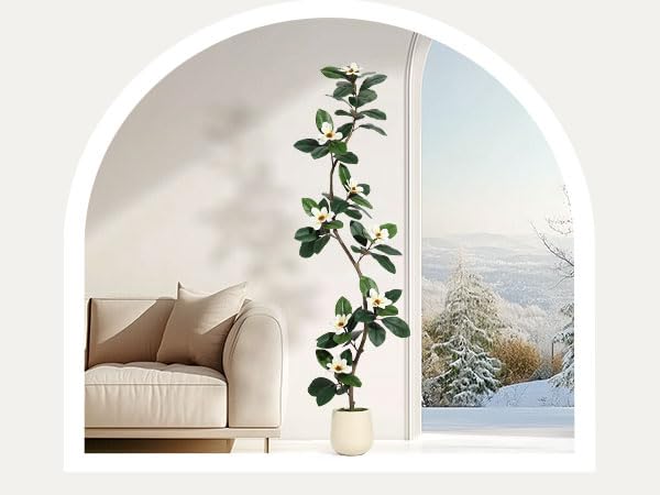 GAOMON 7FT Artificial Fiddle Leaf Fig Tree with Magnolia Flowers, Faux Plants with White Planter Pot, Faux Floor Plant, Indoor and Outdoor Rubber Tree for Home Office Decor
