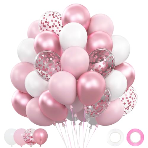 Set Palloncini Bianchi Rosa - 62 Pezzi 12 Pollici Addobbi Compleanno con Palloncini Rosa Bianchi Elio per Decorazioni Compleanno, Baby Shower, Decorazioni Battesimo Bimbo e Bimba, Matrimonio
