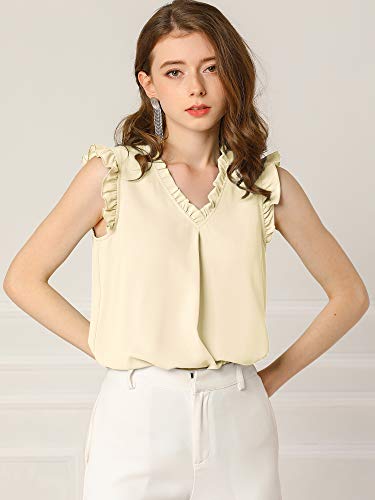 Allegra K Women's Ruffled Sleeveless Blouses 1950S Vintage Work Business Tops X-Large Beige #TOP1