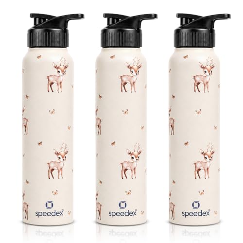 Image of Speedex Stainless Steel Printed Water Bottle 1 Ltr 1000 ml, BIS Approved, Leak Proof Sipper Cap Bottle for Office, School, Travel, Daily Use for Men, Women, Kids, Adults, Baby Deer, Set of 3