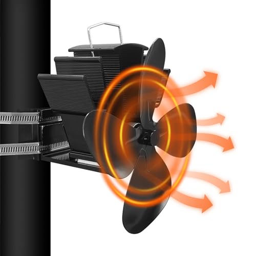 Gohantee Ventilador de Estufa de 4 Palas con Termómetro, Ventilador de Chimenea, Ventilador de Estufa para Quemador de leña/Chimenea/Gas/Estufas de Pellets, Circulación de Aire Caliente