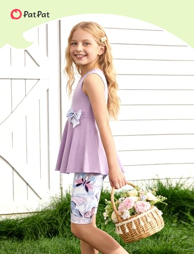 Image of PATPAT Girls Summer 2 Piece Outfits 4-12Y Butterfly Bow Sleeveless Tunic Tops and Floral Print Shorts Cute Clothes