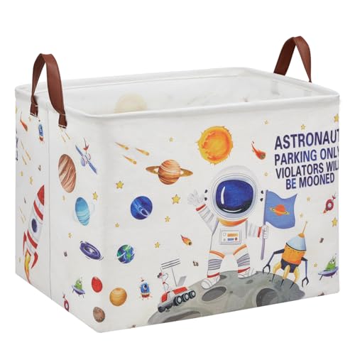 XHWZOF Outer Space Astronaut Nursery Easter Basket with Inspirational Quotes ,Boy Planets Rocket Storage Bin for Baby Nursery Kids Bedroom Playroom Decor,Cute Shelf Basket Toy Box Bin (white)