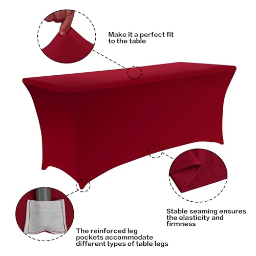 Image of IVAPUPU 6FT Table Cloth for Rectangular Fitted Events Stretch Burgundy Table Covers Washable Cover Spandex Tablecloth Protector for Party, Wedding, Cocktail, Banquet, Festival