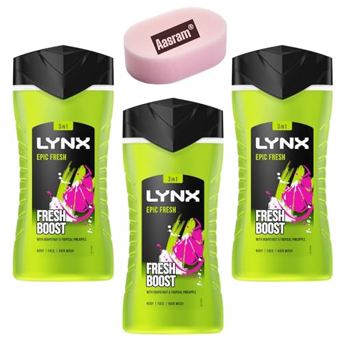 3 x 225ml | Lynx Epic Fresh 3-in-1 Bodywash Shower Gel with a Grapefruit & Tropical Pineapple Scent for a Refreshing Shower | with Aasram Luxury Bath Sponge