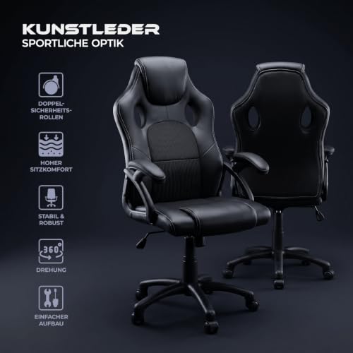 Panorama24 Gamer Stuhl Gaming Schreibtischstuhl Chefsessel Bürostuhl Ergonomisch, Schwarz...