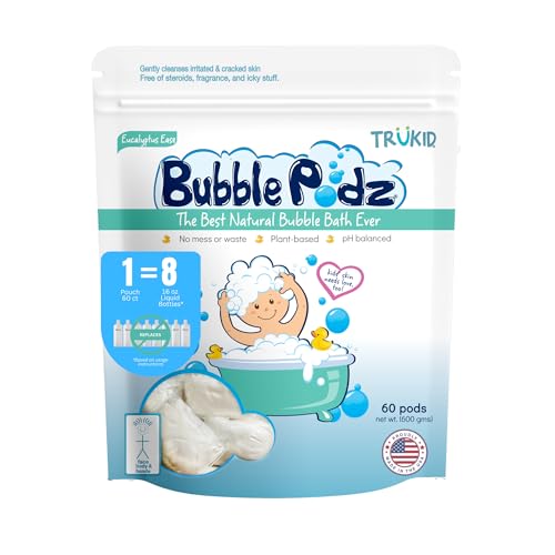 TruKid Bubble Podz Bubble Bath for Baby & Kids, Gentle Refreshing Bath Bomb for Sensitive Skin, pH Balance 7 for Eye Sensitivity, Natural Moisturizers and Ingredients, Eucalyptus (60 Podz)