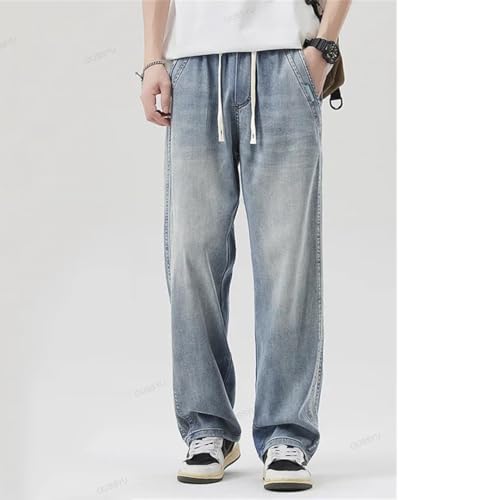 Men Summer Thin Soft Lyocell Fabric Jeans Elastic Waist Loose Straight Breathe Denim Trousers2