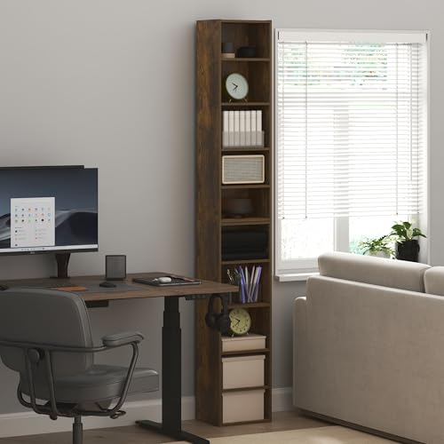 Image of Furinno PASIR Book Shelf, 10-Tier Bookshelf, Bookcase with Open Shelf, 9.2 x 11.8 x 78.7, for Living Room, Bedroom, Home Office, Amber Pine