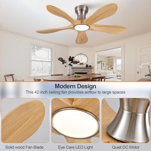Image of Dimmable 42 Inch Flush Mount Ceiling Fans with Lights and Remote, 5 Blade Wood Bedroom Ceiling Fan Outdoor Ceiling Fans for Patios Low Profile Ceiling Fan with Light for Bedroom Indoor