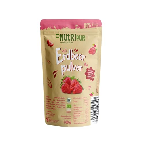 NutriPur Erdbeer Fruchtpulver BIO: 100g Erdbeeren gefriergetrocknet – Getrocknete Früchte ohne Zucker Zusatz – Erdbeeren Pulver, Gefriergetrocknete Früchte, Gefriergetrocknete Beeren
