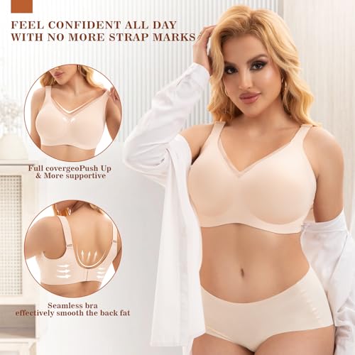Image of PoseFree Womens Wireless Bras Supportive Tshirt Bra No Underwire Seamless Push Up V Mesh Comfortable Bralette Everyday Bras