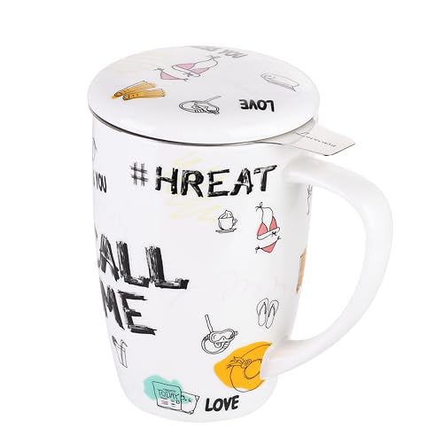 LOVECASA 480ML Porcelain Tea Cup with Infuser Cup with Micro-Perforated Stainless Steel Filter and Lid (Call Me)