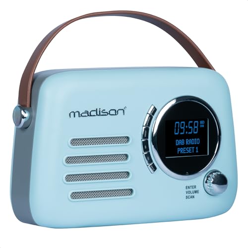 Madison - FREESOUND-VR30BL-DAB - Radio Dab+ Vintage con batería de Larga duración - Dab+, FM, Bluetooth y USB - Subwoofer Trasero - Azul Mate - Vintage, Nostálgico, Retro