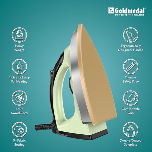 Image of Goldmedal Titan 1000W Dry Iron| Non-stick Weilburger Premium Double Coated Soleplate| 5 Fabric Setting|1.8 Meter Cord| 360 Swivel Cord| 2.5 Years Warranty| 1.5KG Heavy Weight (Mint Green)