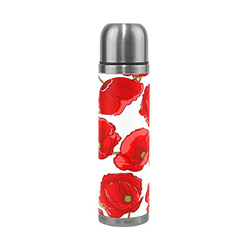 Eslifey Bouteille isotherme en acier inoxydable avec motif coquelicot Rouge 500 ml