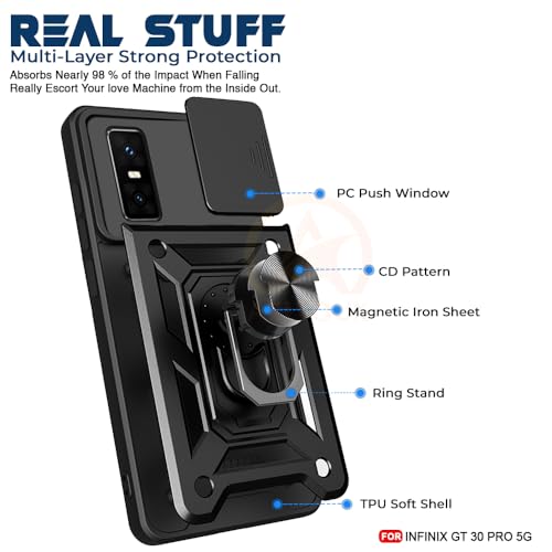 Image of Armor Bumper Back Cover Case for Infinix GT 30 Pro 5G Rotating Camera Cover, Ring Holder & Kickstand | Heavy Duty & 360 Degree Protection Infinix GT 30 Pro 5G Back Cover (Black)