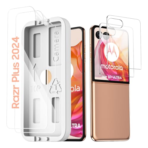 Spugan for Moto Razr + Plus 2024/ Razr + Plus 2025/Screen Protector 2 Pcs Inner Screen TPU Protective Film [Installation Kit] + 2 Pcs Outer Screen Tempered Film Durable Scratch Resistant Bubble Free Newbie Friendly Ultra HD