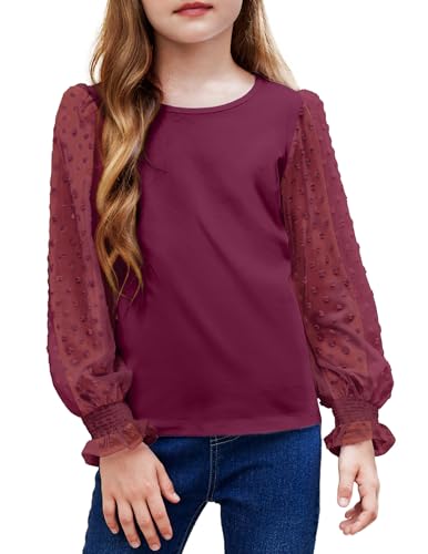 Arshiner Girls Long Sleeve Shirt with Ruffle Cuffs Polka Swiss Dots Kids Girls Pullover Shirts Cute Crewneck Girls Top